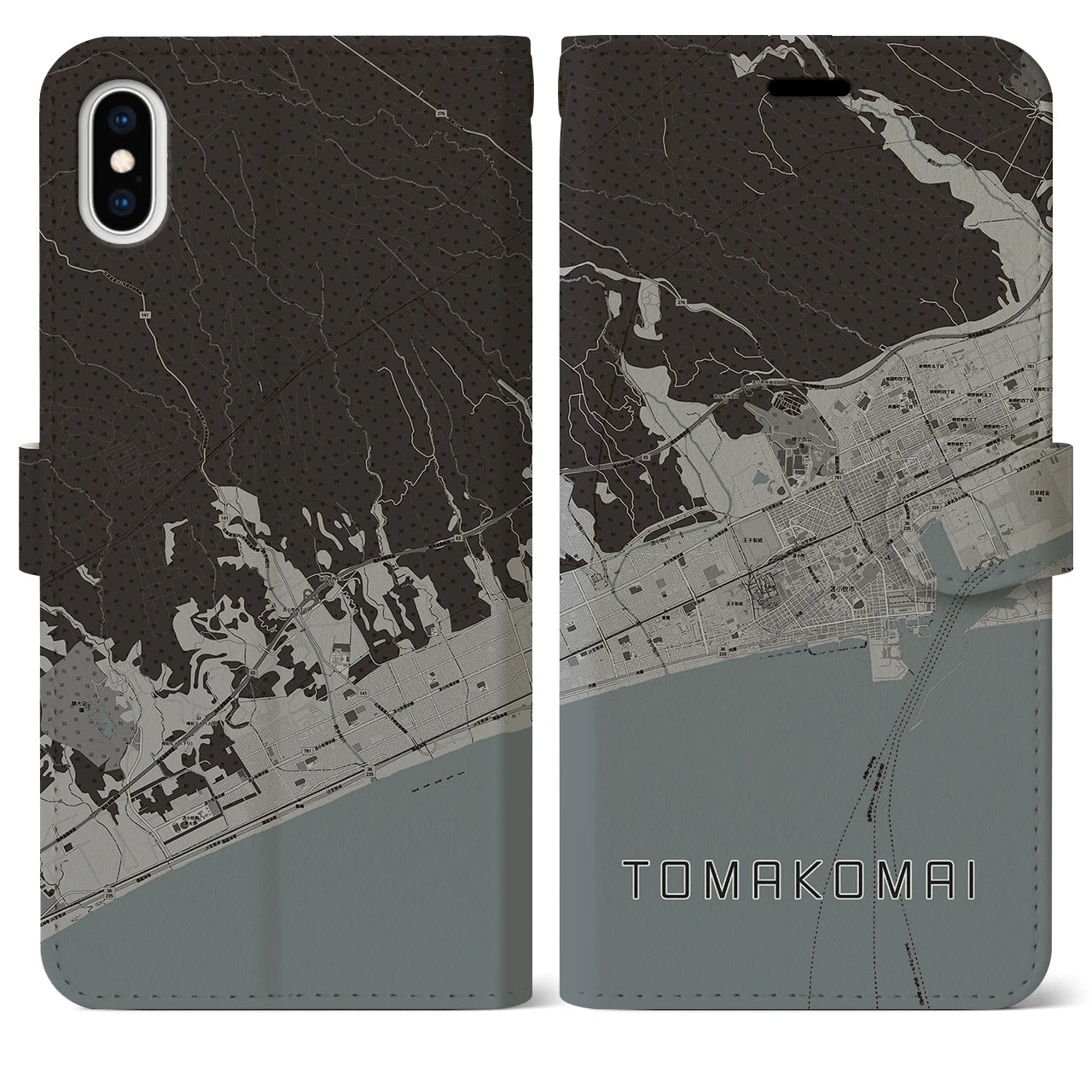 【苫小牧(北海道)】地図柄iPhoneケース(手帳タイプ)モノトーン・iPhone XS Max 用