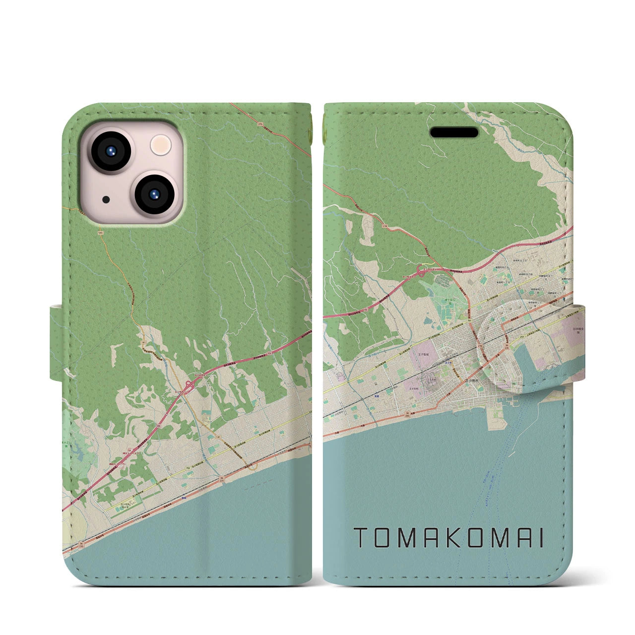 【苫小牧(北海道)】地図柄iPhoneケース(手帳タイプ)ナチュラル・iPhone 13 mini 用