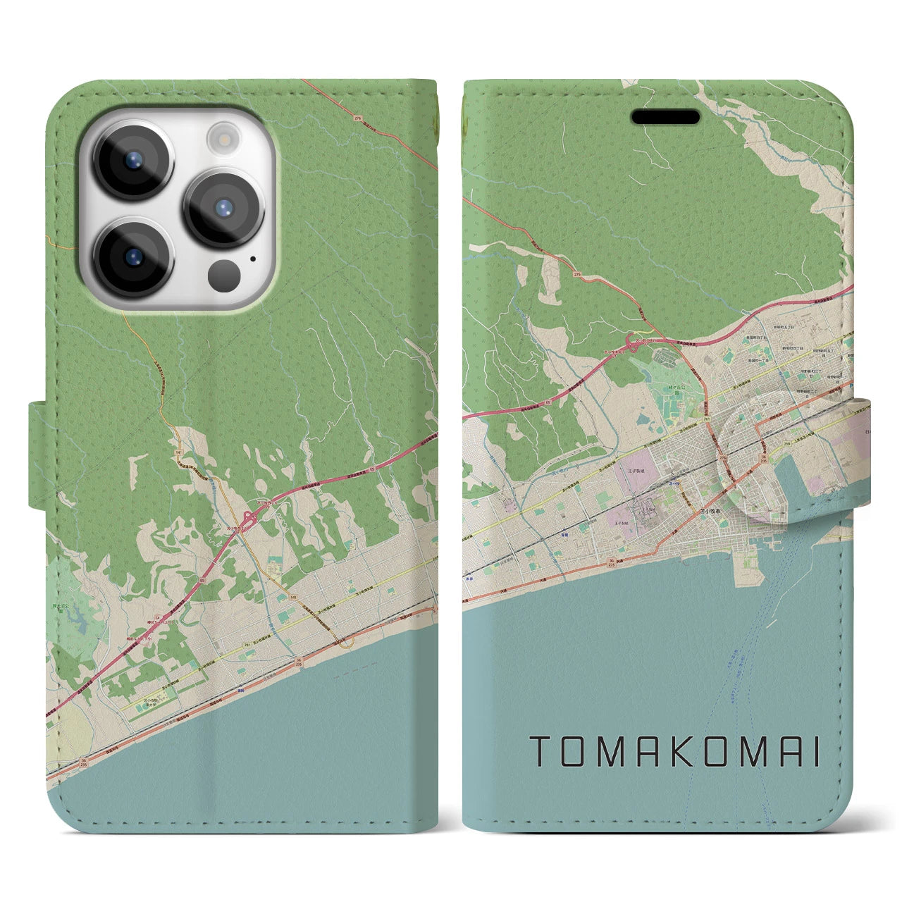 【苫小牧(北海道)】地図柄iPhoneケース(手帳タイプ)ナチュラル・iPhone 14 Pro 用