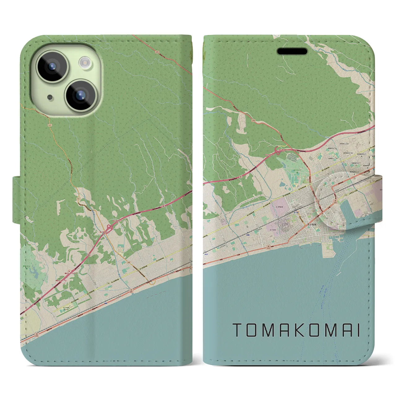 【苫小牧(北海道)】地図柄iPhoneケース(手帳タイプ)ナチュラル・iPhone 15 用