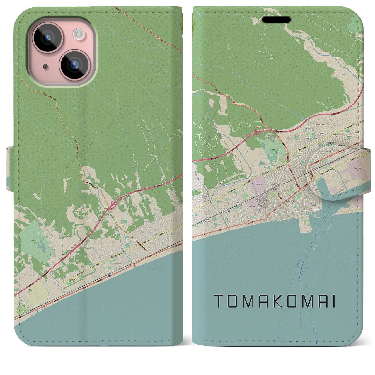 【苫小牧(北海道)】地図柄iPhoneケース(手帳タイプ)ナチュラル・iPhone 15 Plus 用