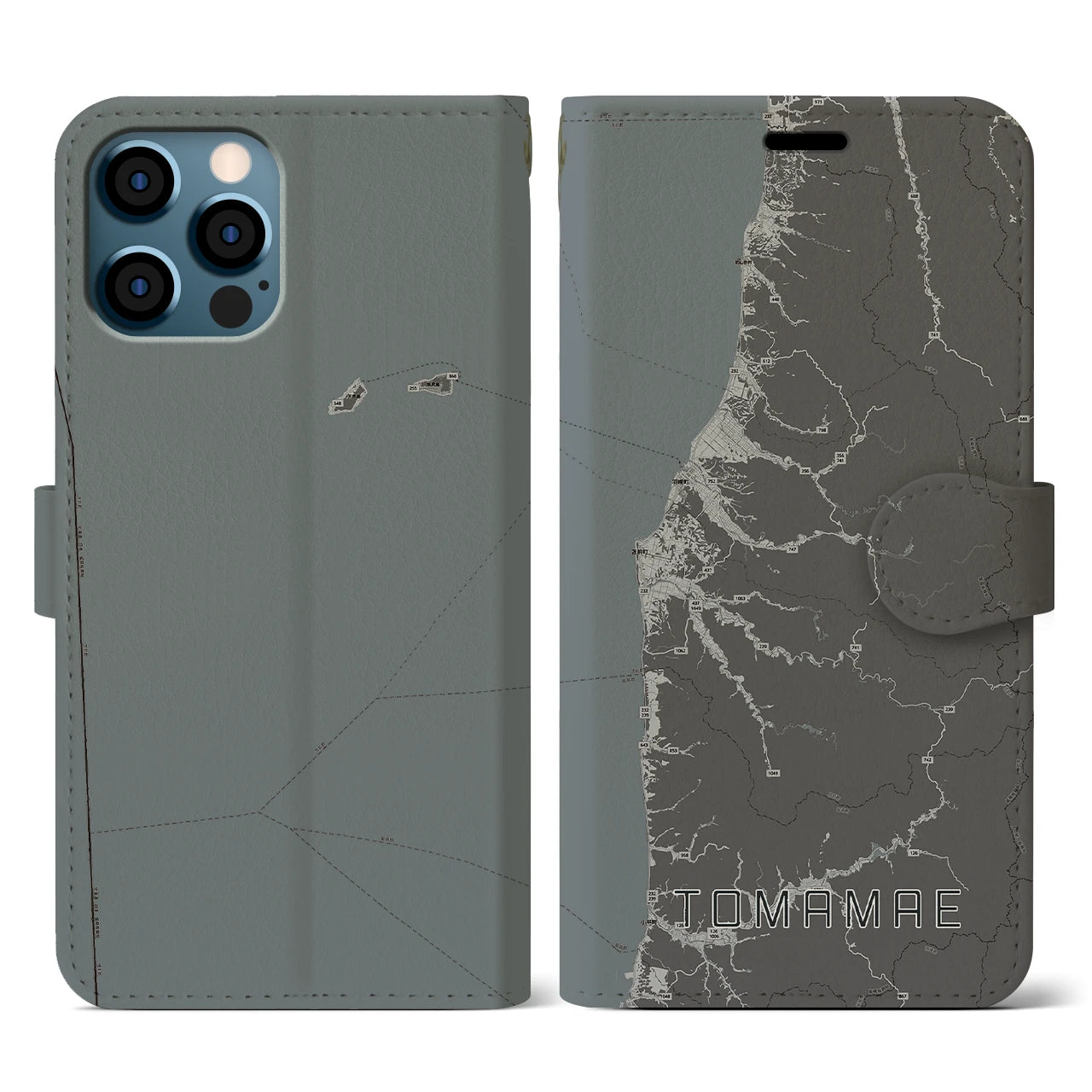 【苫前(北海道)】地図柄iPhoneケース(手帳タイプ)モノトーン・iPhone 12 / 12 Pro 用