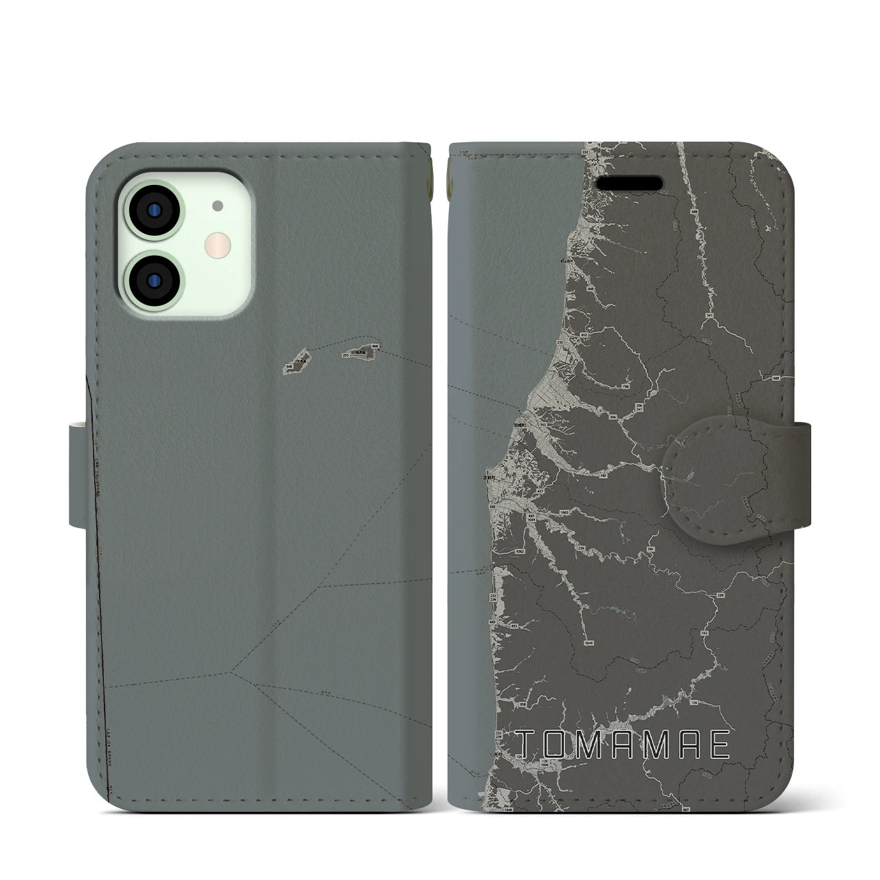 【苫前(北海道)】地図柄iPhoneケース(手帳タイプ)モノトーン・iPhone 12 mini 用