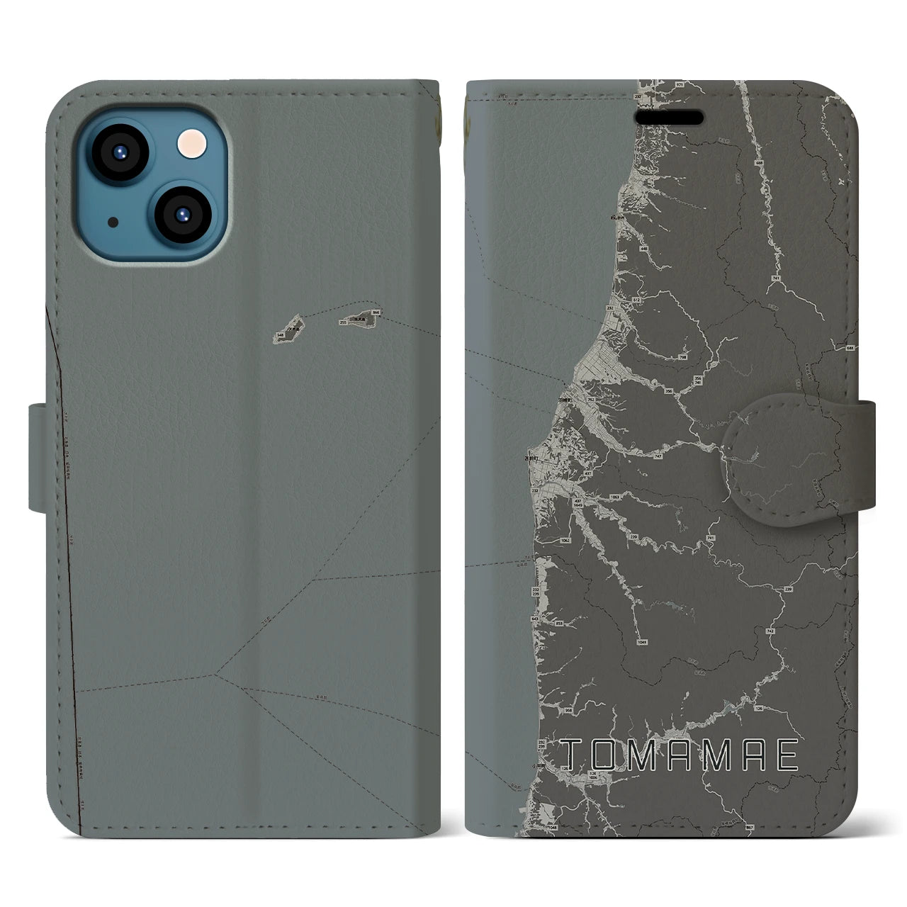 【苫前(北海道)】地図柄iPhoneケース(手帳タイプ)モノトーン・iPhone 13 用