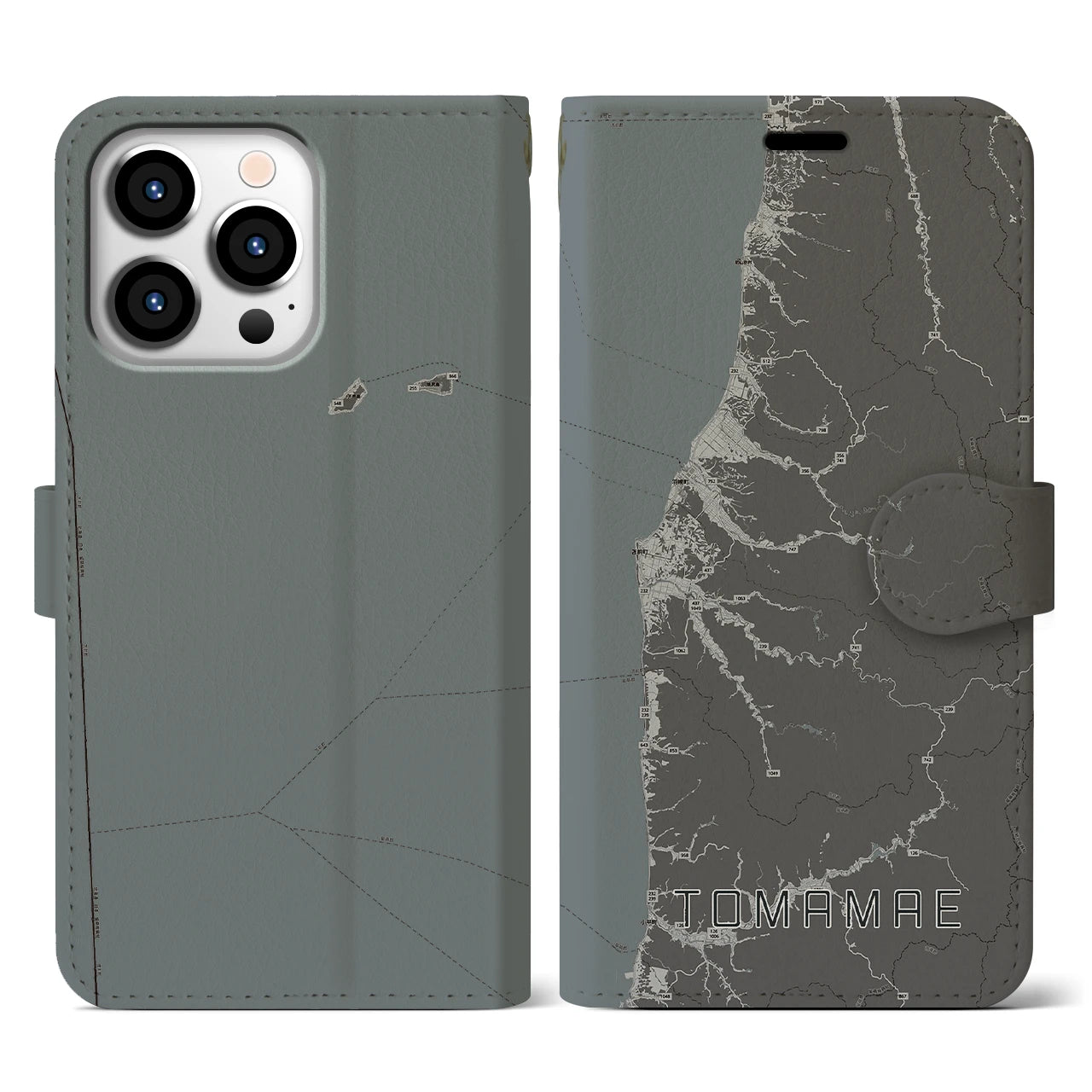 【苫前(北海道)】地図柄iPhoneケース(手帳タイプ)モノトーン・iPhone 13 Pro 用