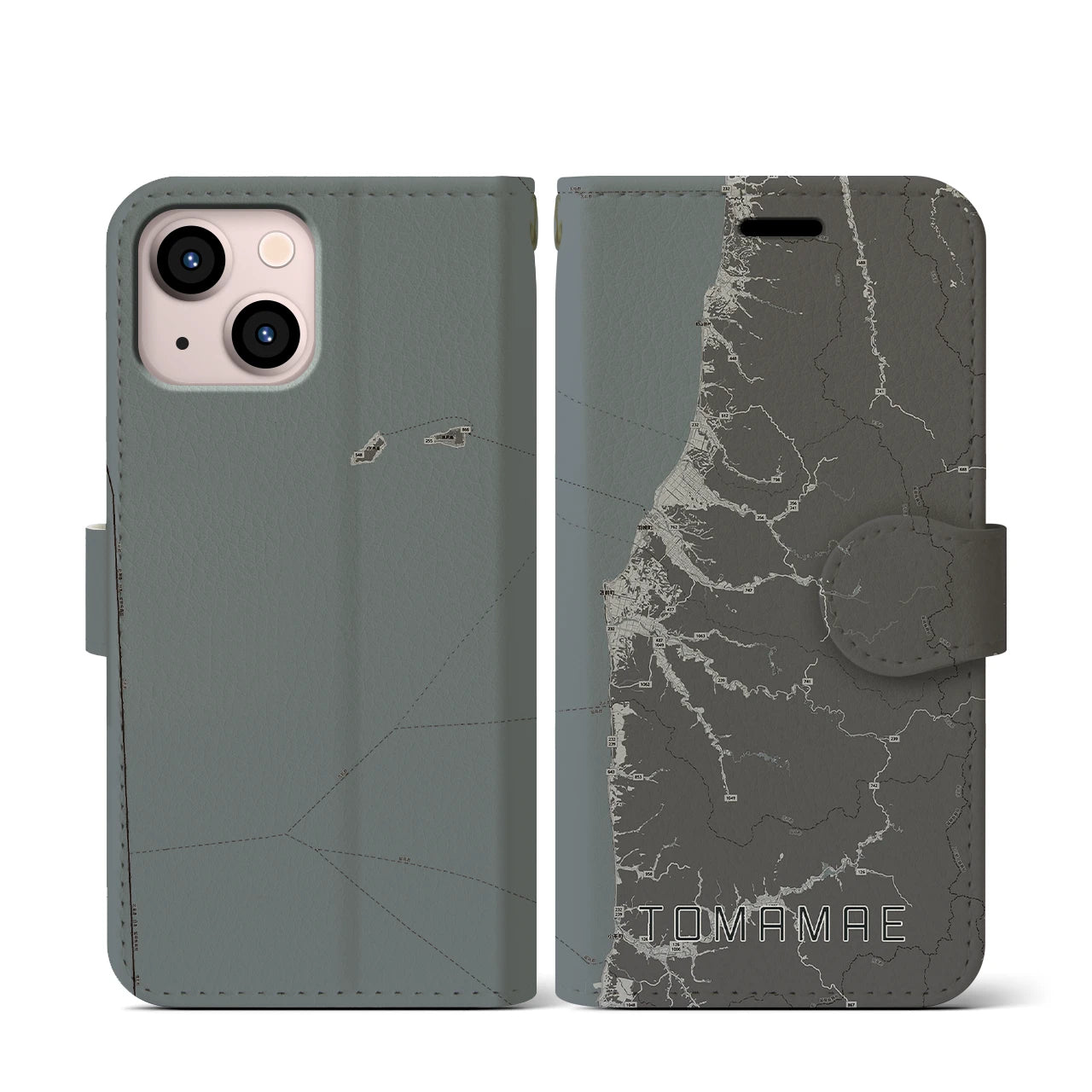 【苫前(北海道)】地図柄iPhoneケース(手帳タイプ)モノトーン・iPhone 13 mini 用