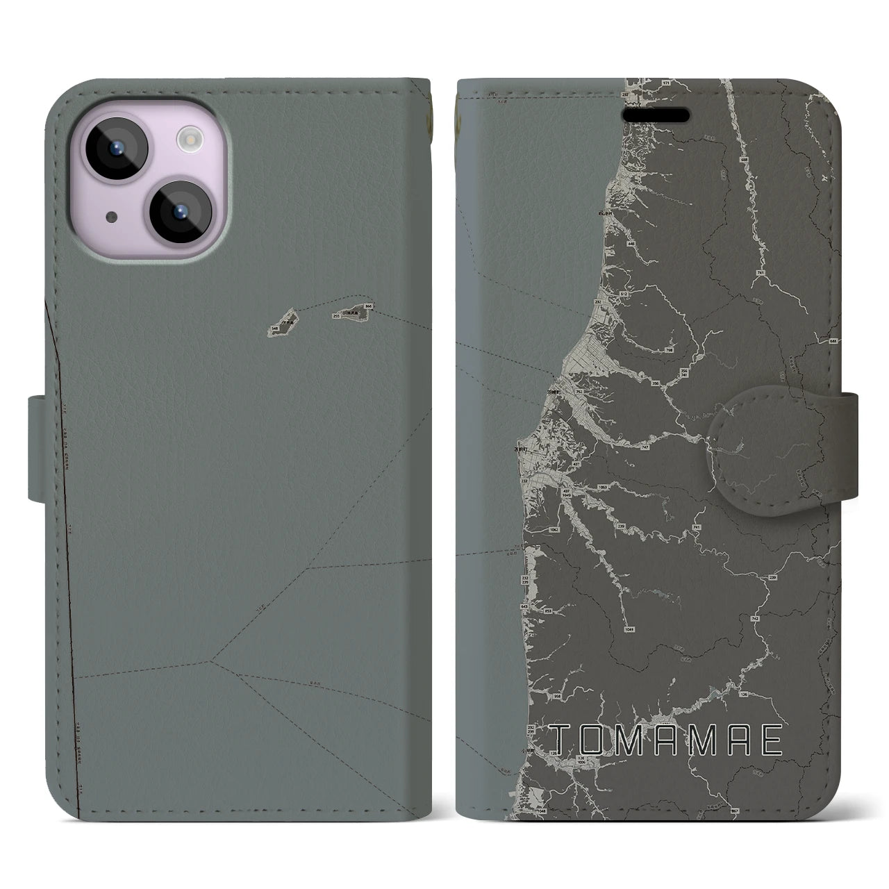 【苫前(北海道)】地図柄iPhoneケース(手帳タイプ)モノトーン・iPhone 14 用