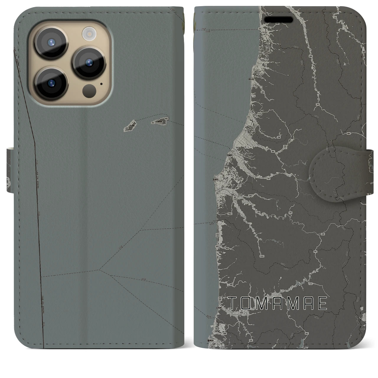 【苫前(北海道)】地図柄iPhoneケース(手帳タイプ)モノトーン・iPhone 14 Pro Max 用