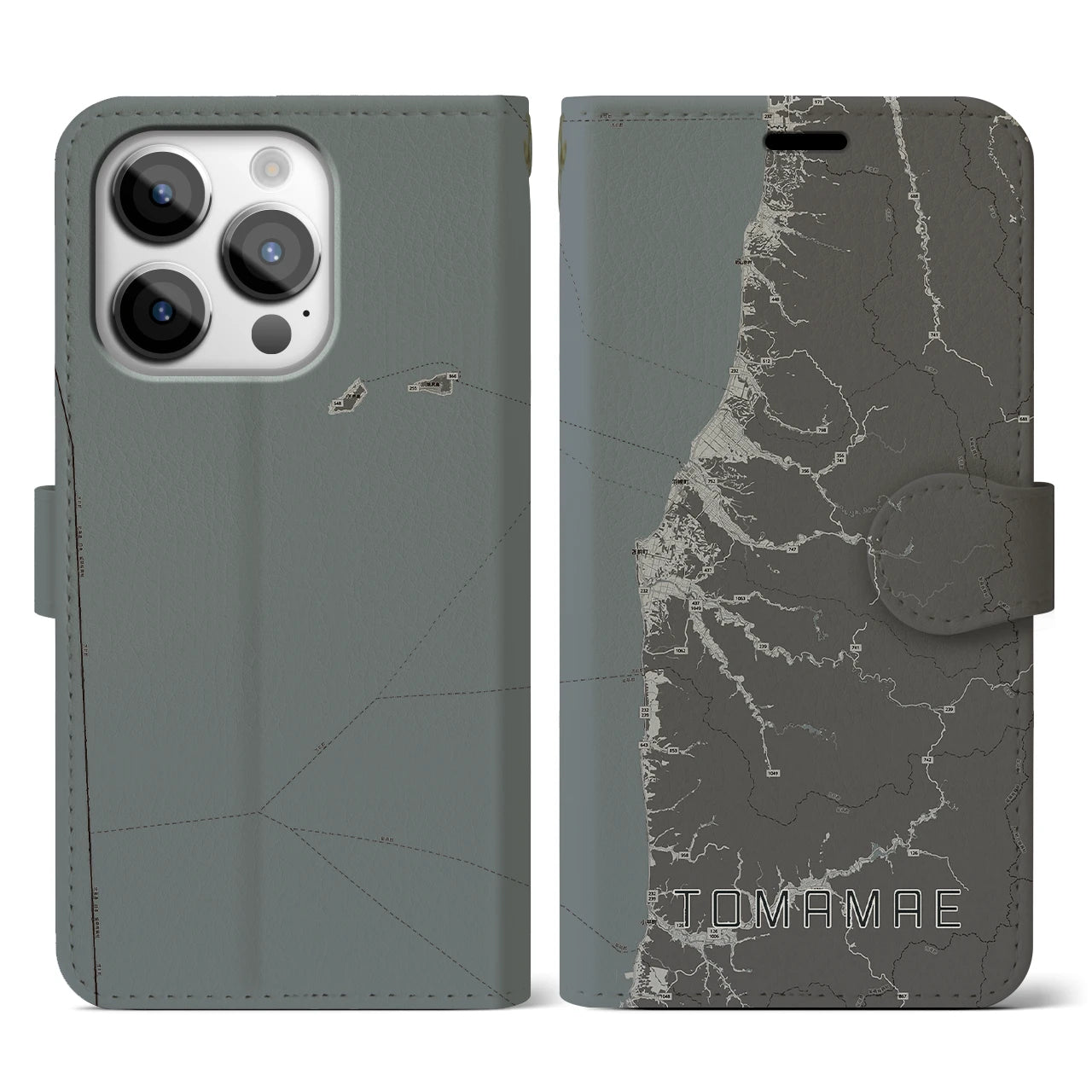 【苫前(北海道)】地図柄iPhoneケース(手帳タイプ)モノトーン・iPhone 14 Pro 用