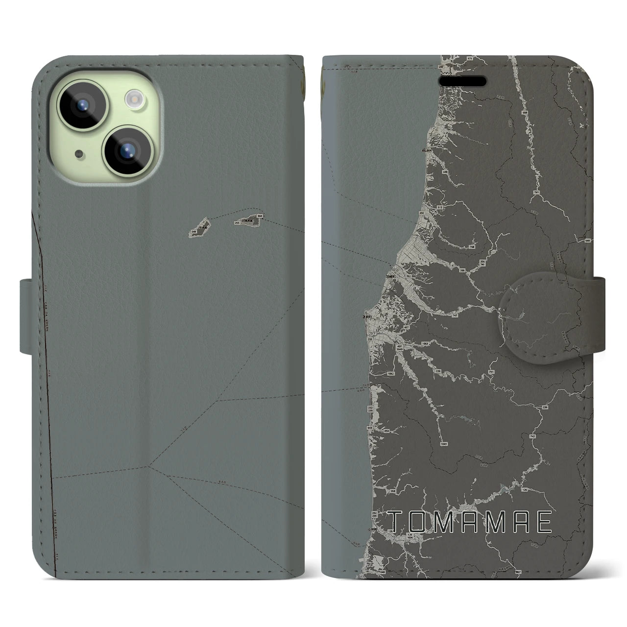 【苫前(北海道)】地図柄iPhoneケース(手帳タイプ)モノトーン・iPhone 15 用