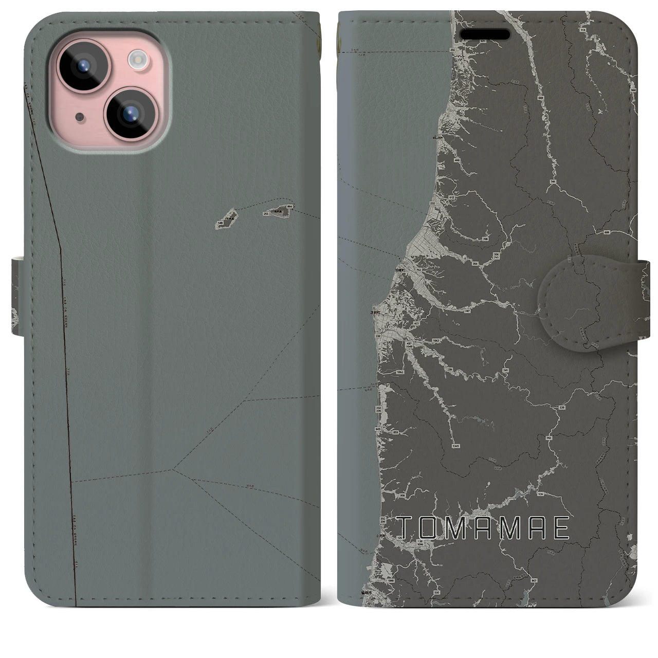 【苫前(北海道)】地図柄iPhoneケース(手帳タイプ)モノトーン・iPhone 15 Plus 用