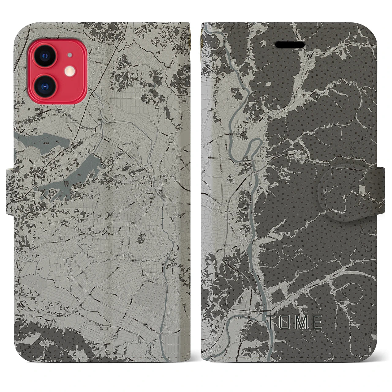 【登米(宮城県)】地図柄iPhoneケース(手帳タイプ)モノトーン・iPhone 11 用