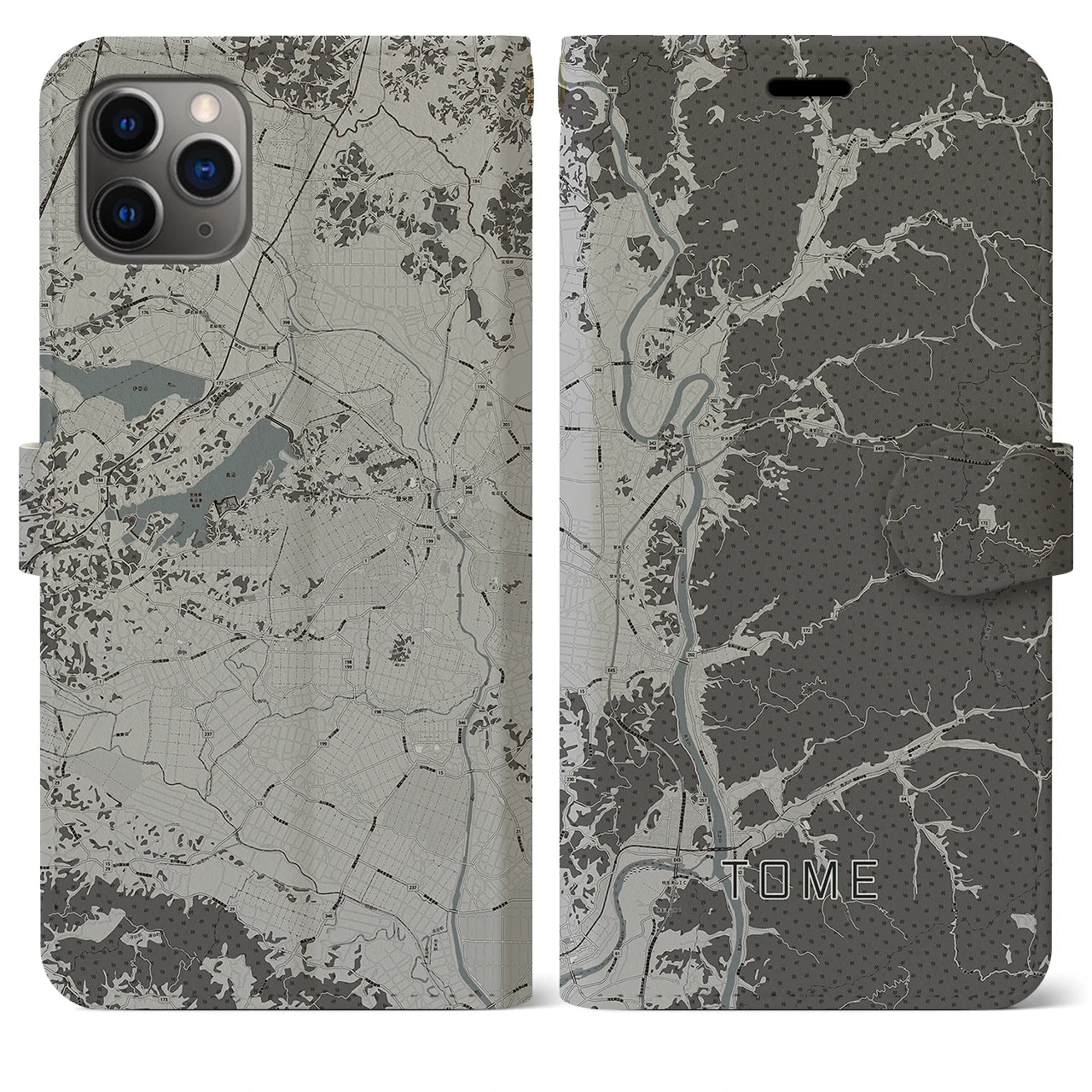 【登米(宮城県)】地図柄iPhoneケース(手帳タイプ)モノトーン・iPhone 11 Pro Max 用