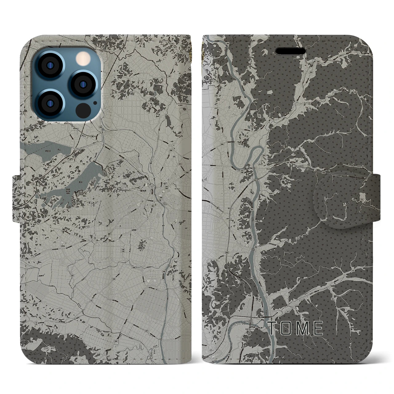 【登米(宮城県)】地図柄iPhoneケース(手帳タイプ)モノトーン・iPhone 12 / 12 Pro 用