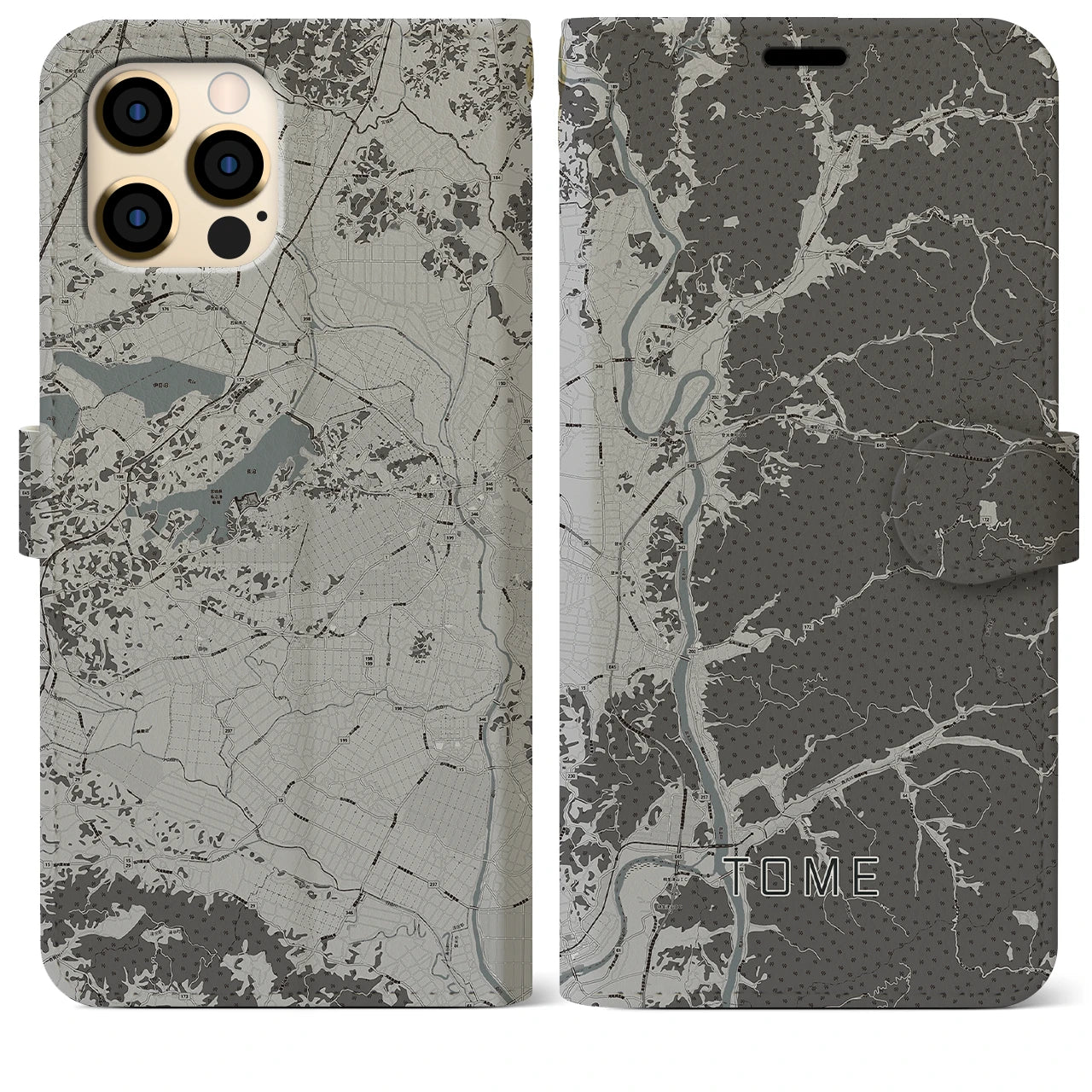 【登米(宮城県)】地図柄iPhoneケース(手帳タイプ)モノトーン・iPhone 12 Pro Max 用
