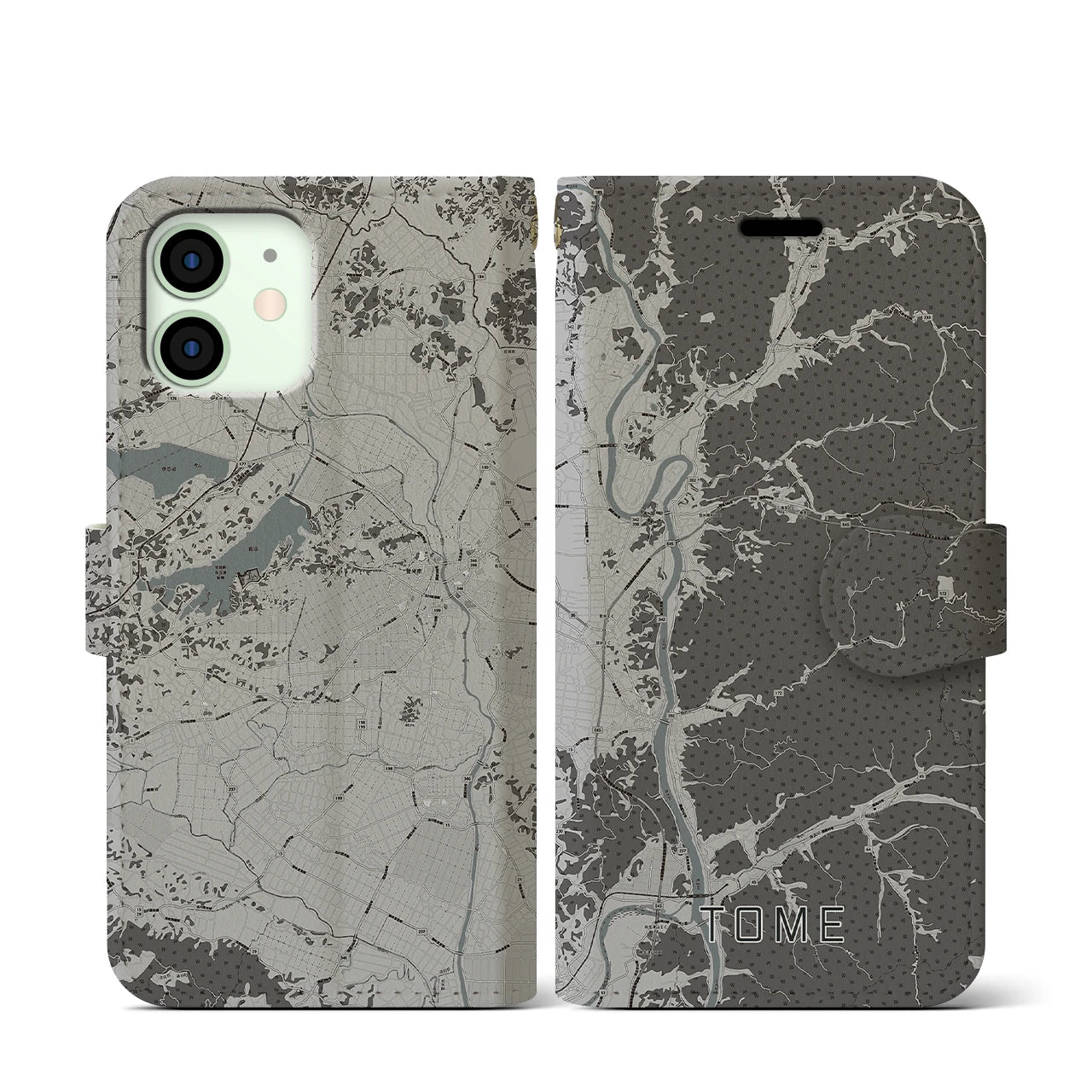 【登米(宮城県)】地図柄iPhoneケース(手帳タイプ)モノトーン・iPhone 12 mini 用