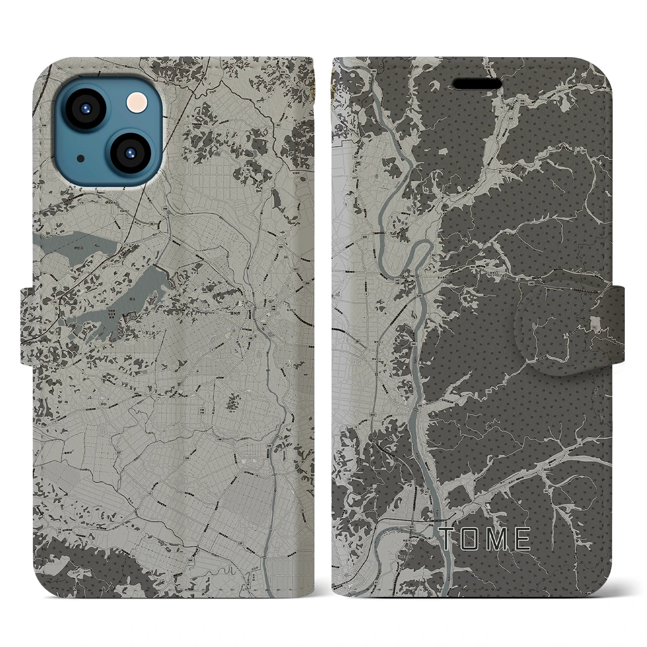 【登米(宮城県)】地図柄iPhoneケース(手帳タイプ)モノトーン・iPhone 13 用
