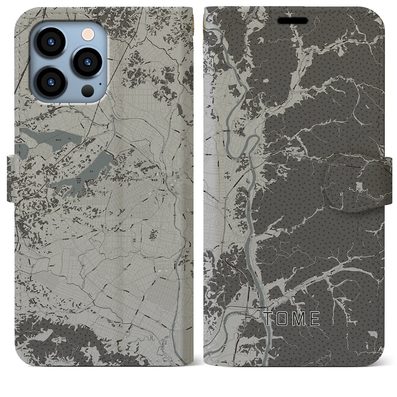 【登米(宮城県)】地図柄iPhoneケース(手帳タイプ)モノトーン・iPhone 13 Pro Max 用
