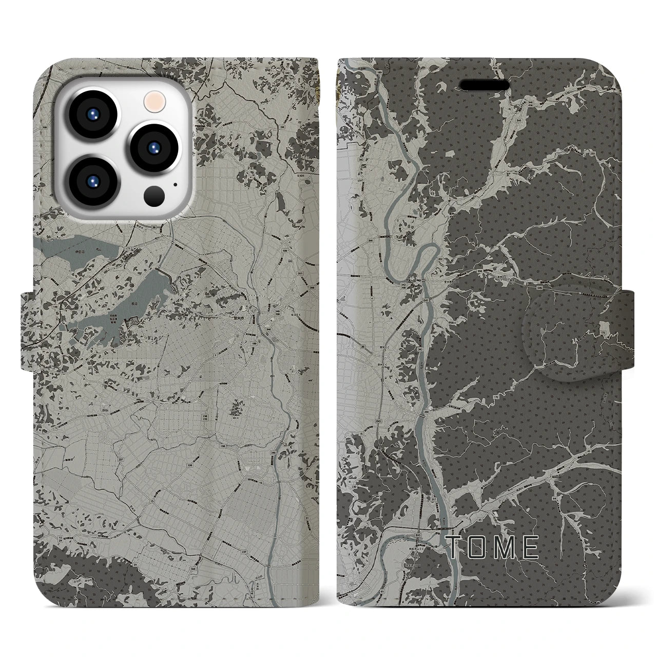 【登米(宮城県)】地図柄iPhoneケース(手帳タイプ)モノトーン・iPhone 13 Pro 用
