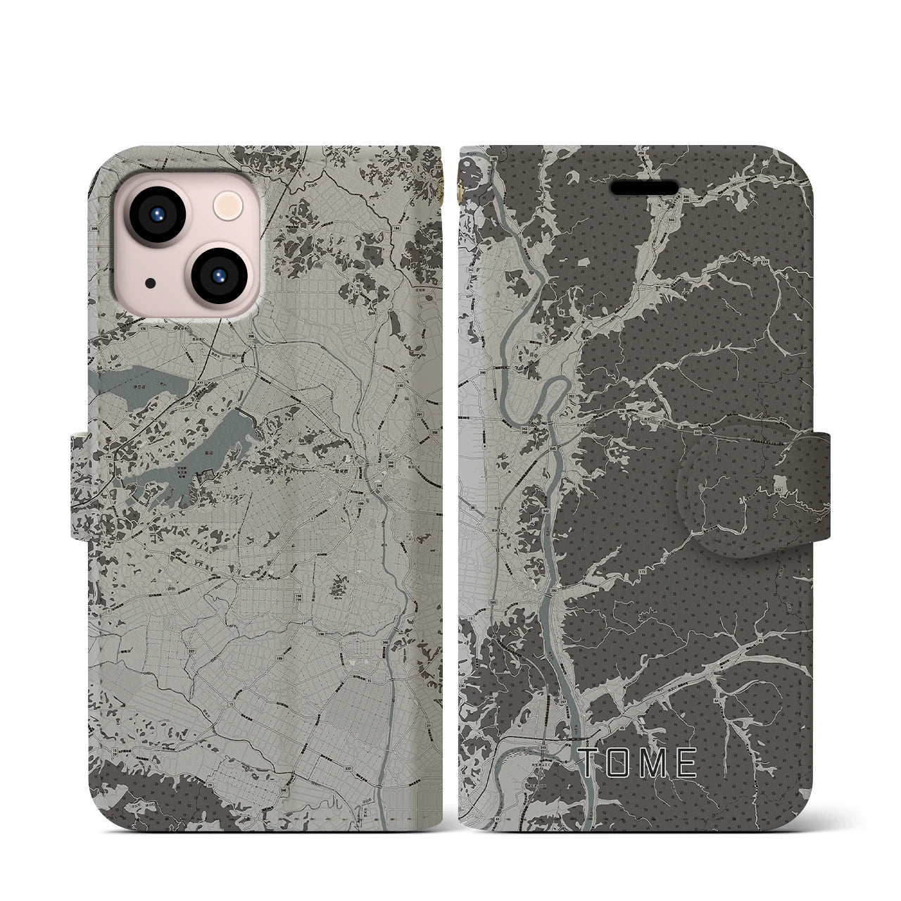 【登米(宮城県)】地図柄iPhoneケース(手帳タイプ)モノトーン・iPhone 13 mini 用