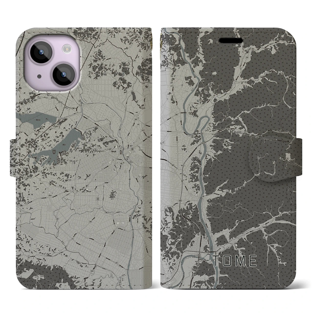 【登米(宮城県)】地図柄iPhoneケース(手帳タイプ)モノトーン・iPhone 14 用
