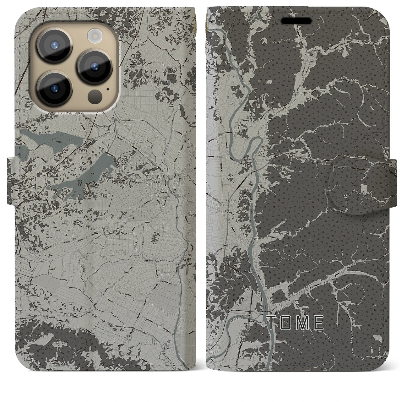 【登米(宮城県)】地図柄iPhoneケース(手帳タイプ)モノトーン・iPhone 14 Pro Max 用