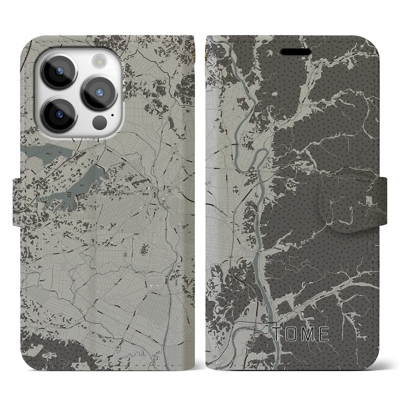【登米(宮城県)】地図柄iPhoneケース(手帳タイプ)モノトーン・iPhone 14 Pro 用