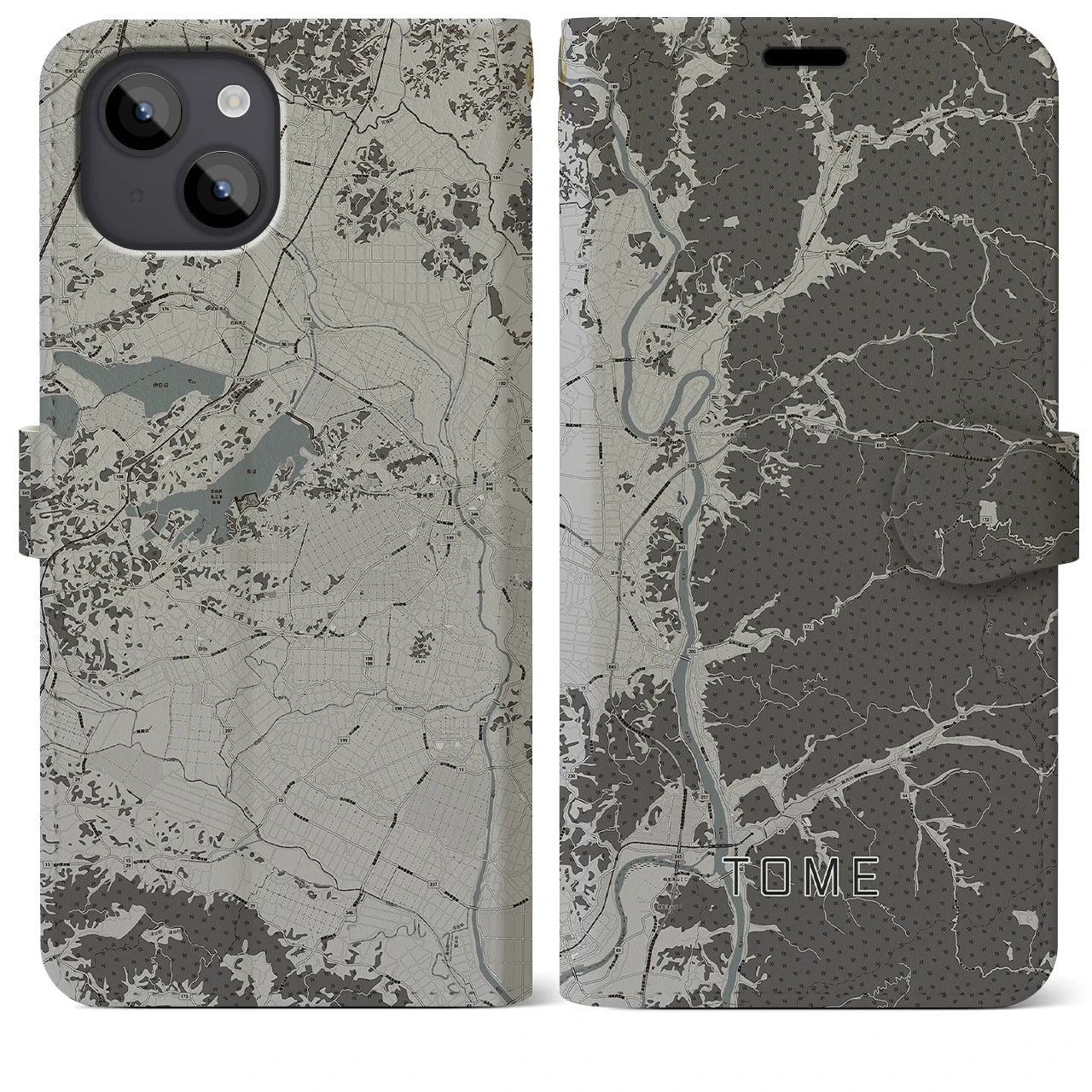 【登米(宮城県)】地図柄iPhoneケース(手帳タイプ)モノトーン・iPhone 14 Plus 用