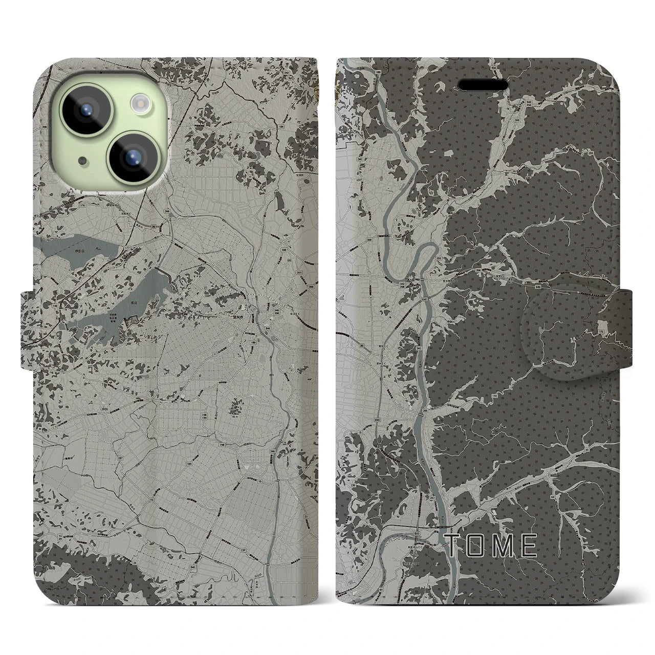 【登米(宮城県)】地図柄iPhoneケース(手帳タイプ)モノトーン・iPhone 15 用
