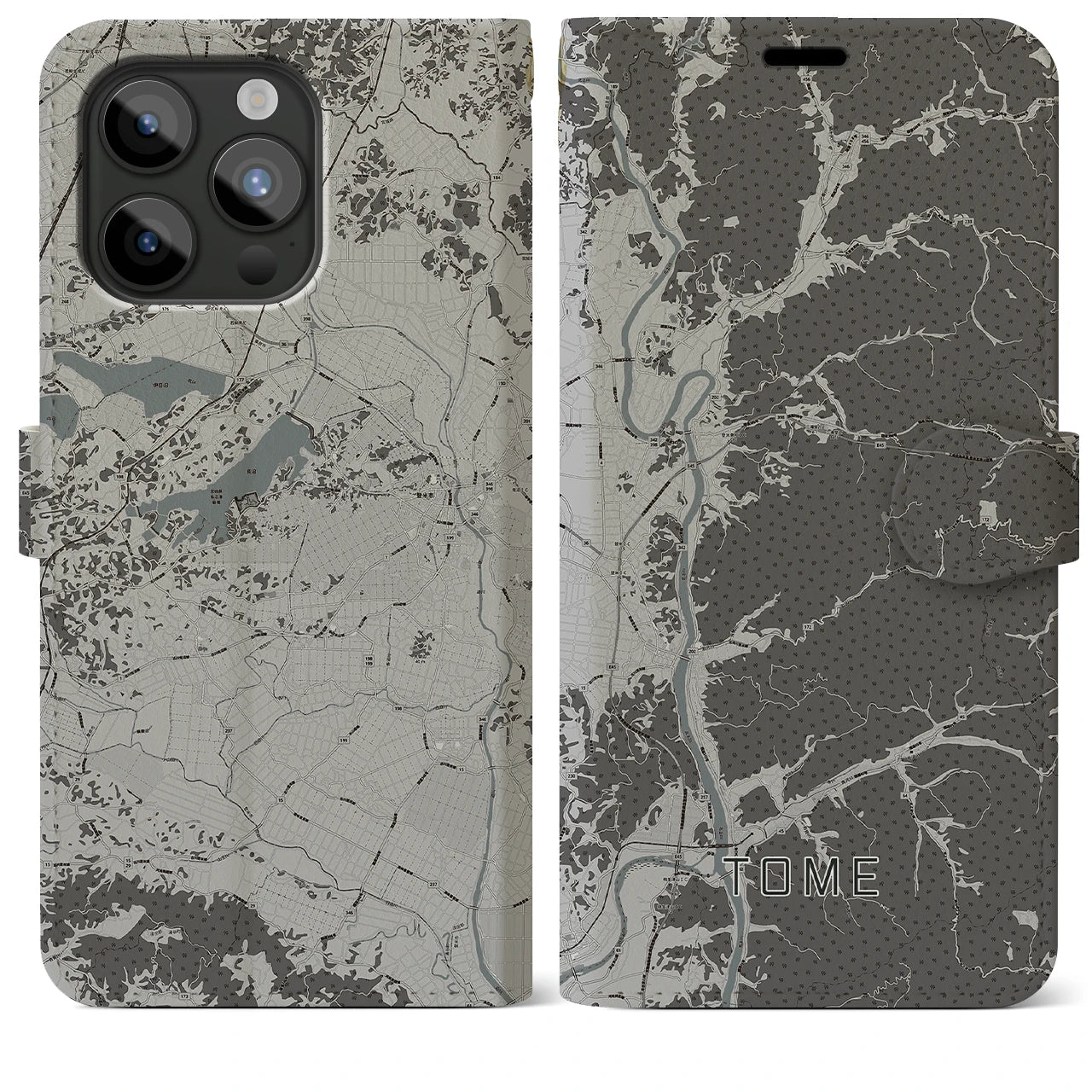 【登米(宮城県)】地図柄iPhoneケース(手帳タイプ)モノトーン・iPhone 15 Pro Max 用