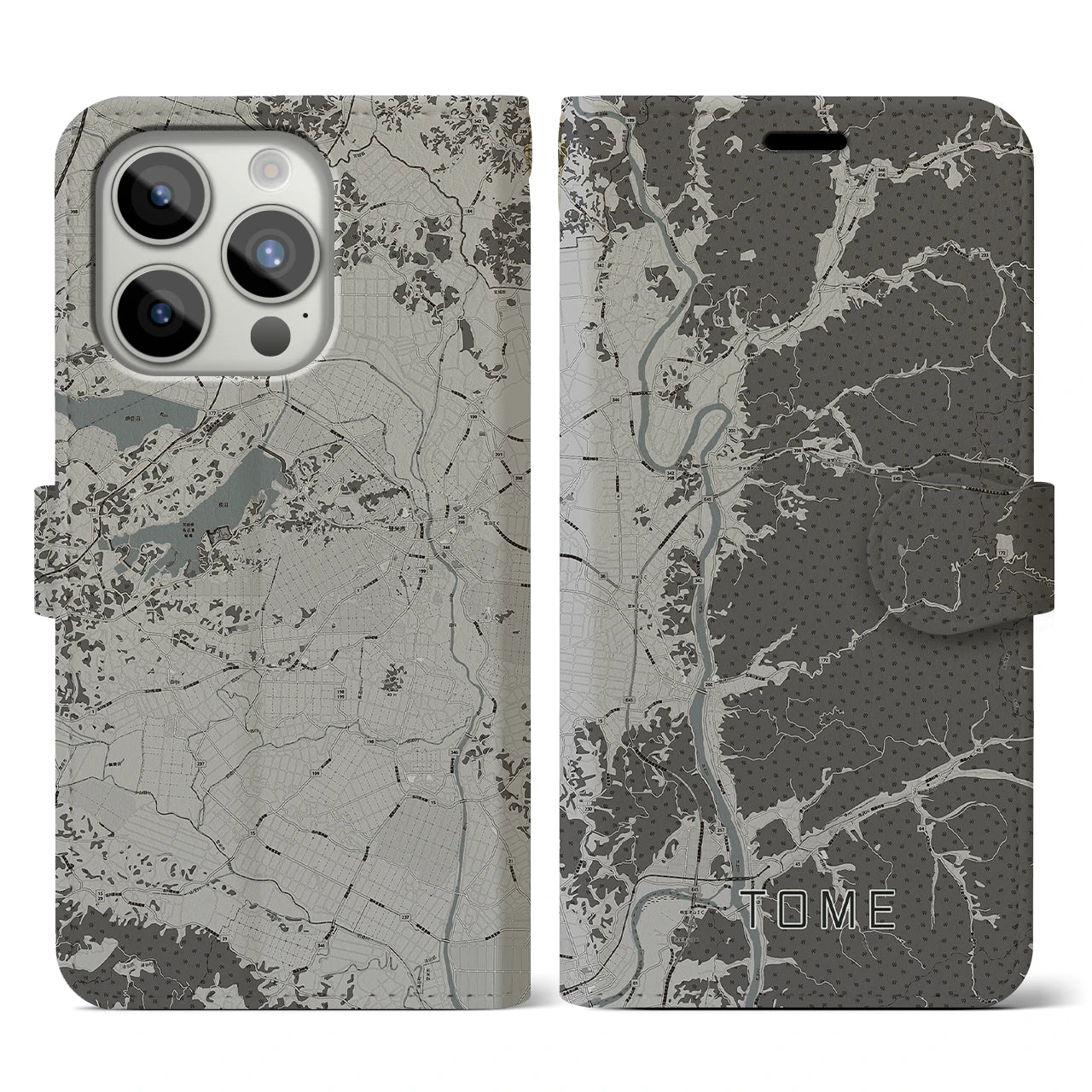 【登米(宮城県)】地図柄iPhoneケース(手帳タイプ)モノトーン・iPhone 15 Pro 用