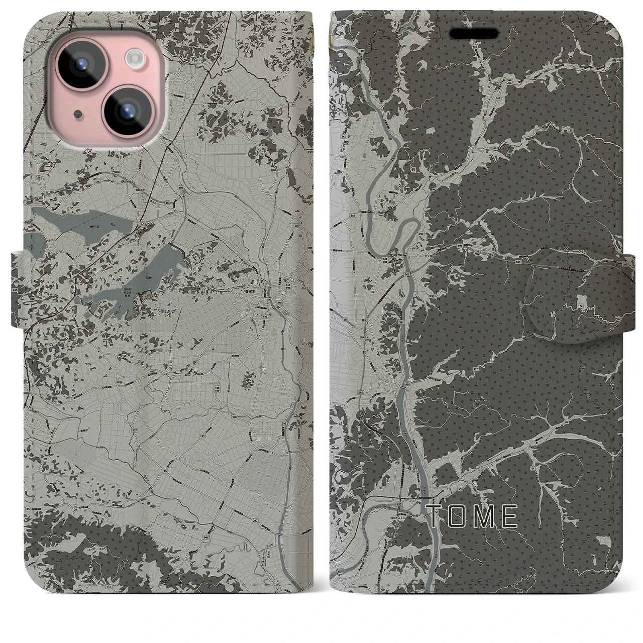 【登米(宮城県)】地図柄iPhoneケース(手帳タイプ)モノトーン・iPhone 15 Plus 用