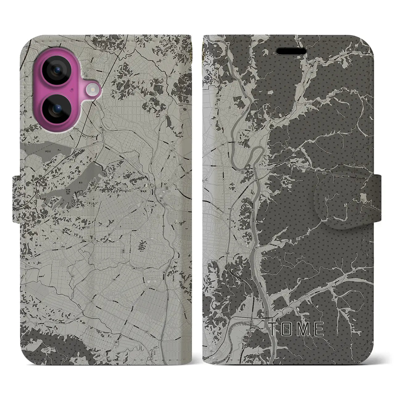 【登米(宮城県)】地図柄iPhoneケース(手帳タイプ)モノトーン・iPhone 16 Pro 用