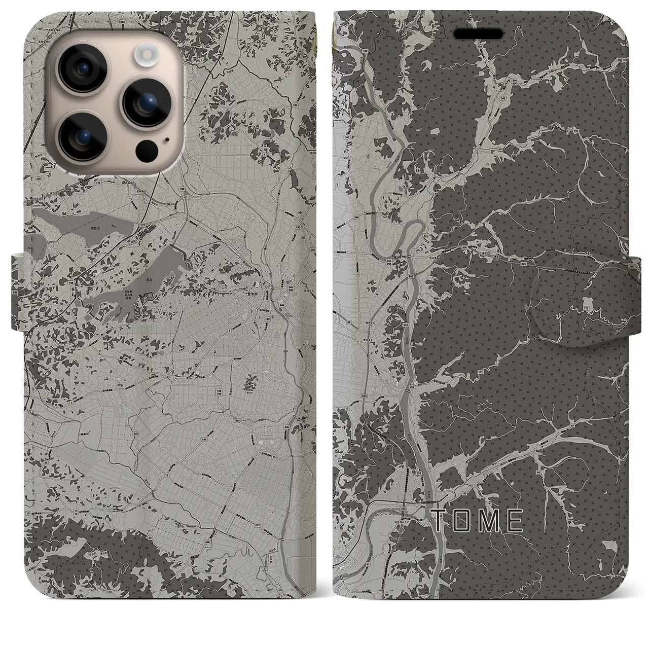 【登米(宮城県)】地図柄iPhoneケース(手帳タイプ)モノトーン・iPhone 16 Plus 用