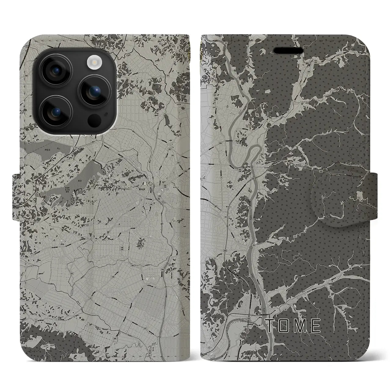 【登米(宮城県)】地図柄iPhoneケース(手帳タイプ)モノトーン・iPhone 16 用
