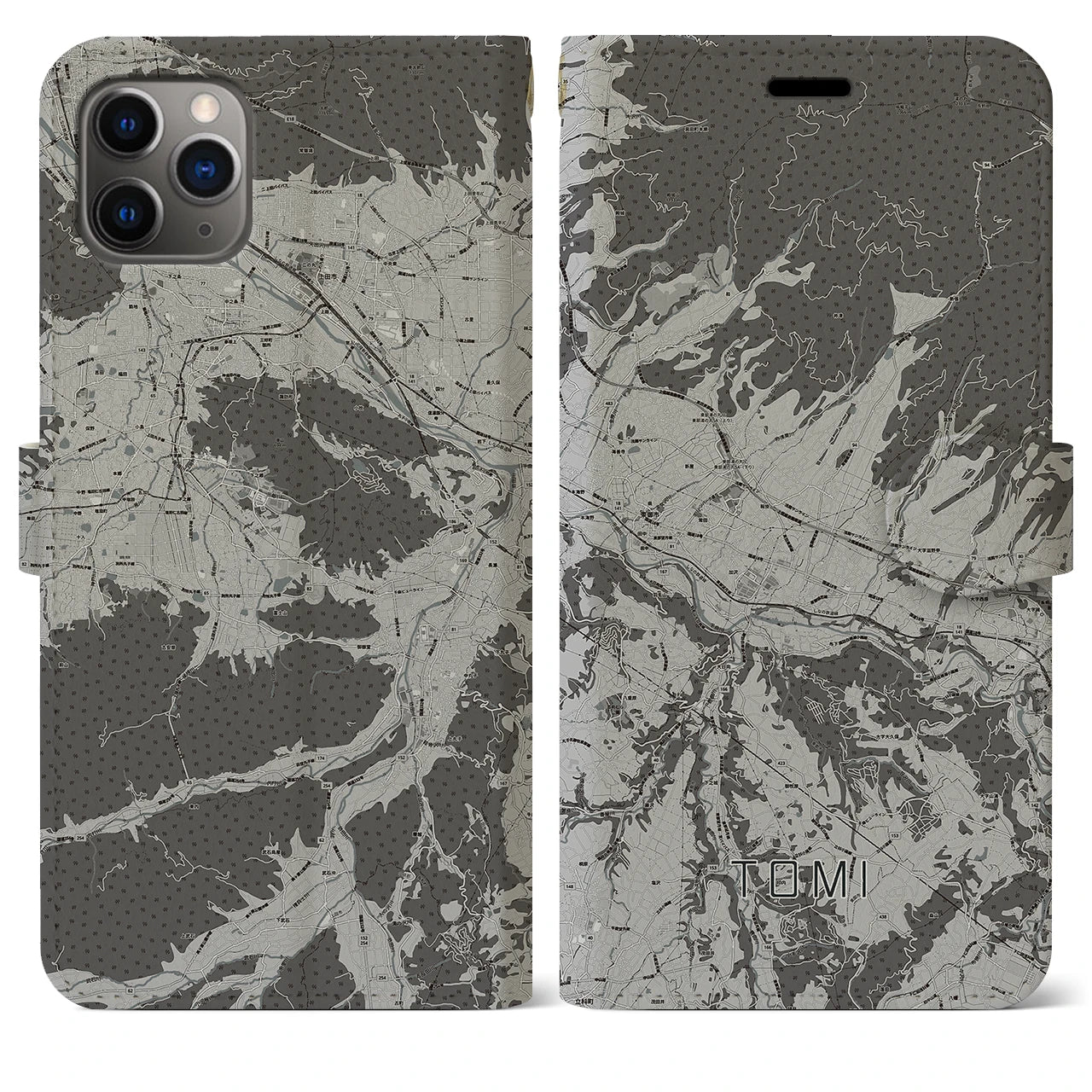 【東御(長野県)】地図柄iPhoneケース(手帳タイプ)モノトーン・iPhone 11 Pro Max 用