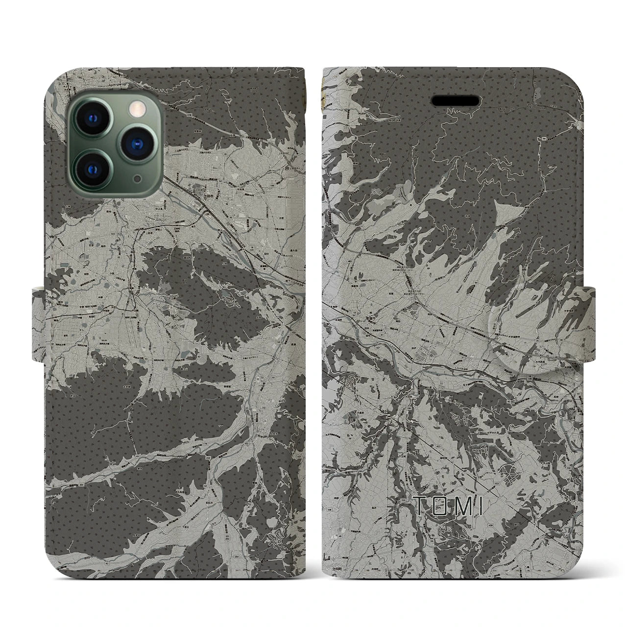 【東御(長野県)】地図柄iPhoneケース(手帳タイプ)モノトーン・iPhone 11 Pro 用