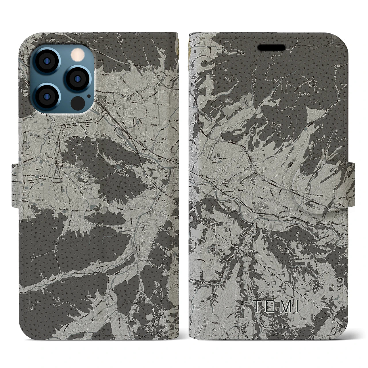 【東御(長野県)】地図柄iPhoneケース(手帳タイプ)モノトーン・iPhone 12 / 12 Pro 用