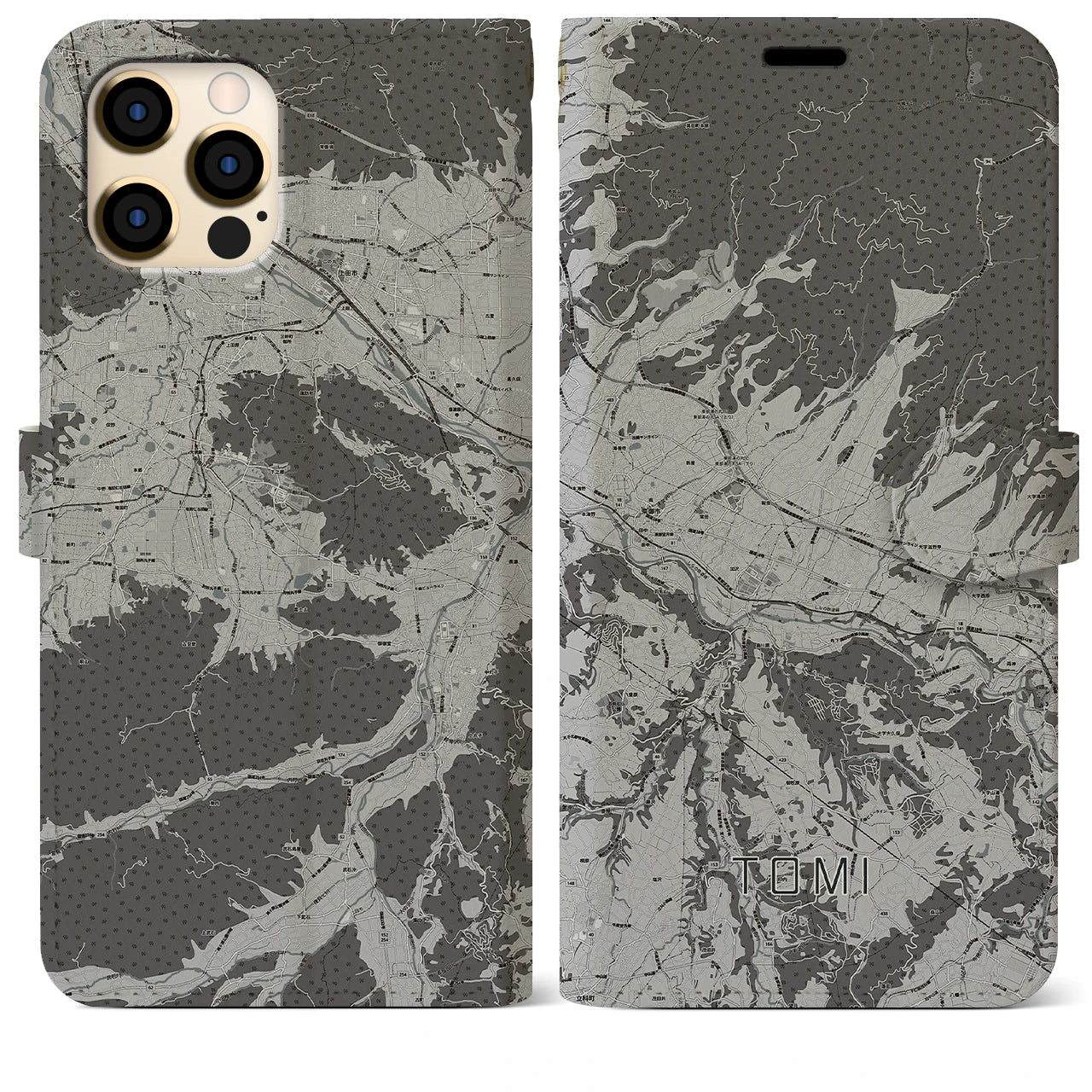 【東御(長野県)】地図柄iPhoneケース(手帳タイプ)モノトーン・iPhone 12 Pro Max 用