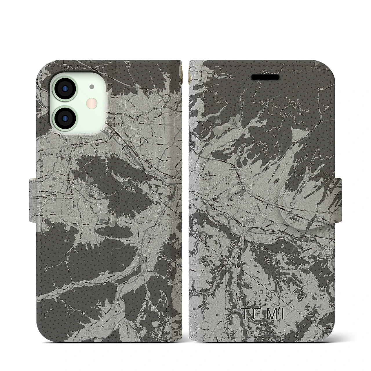 【東御(長野県)】地図柄iPhoneケース(手帳タイプ)モノトーン・iPhone 12 mini 用