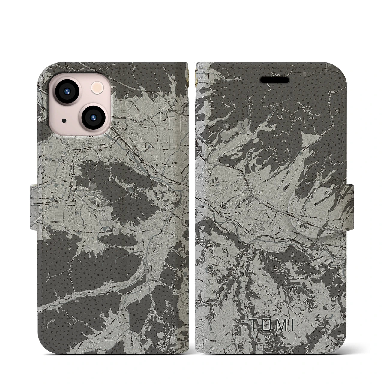 【東御(長野県)】地図柄iPhoneケース(手帳タイプ)モノトーン・iPhone 13 mini 用