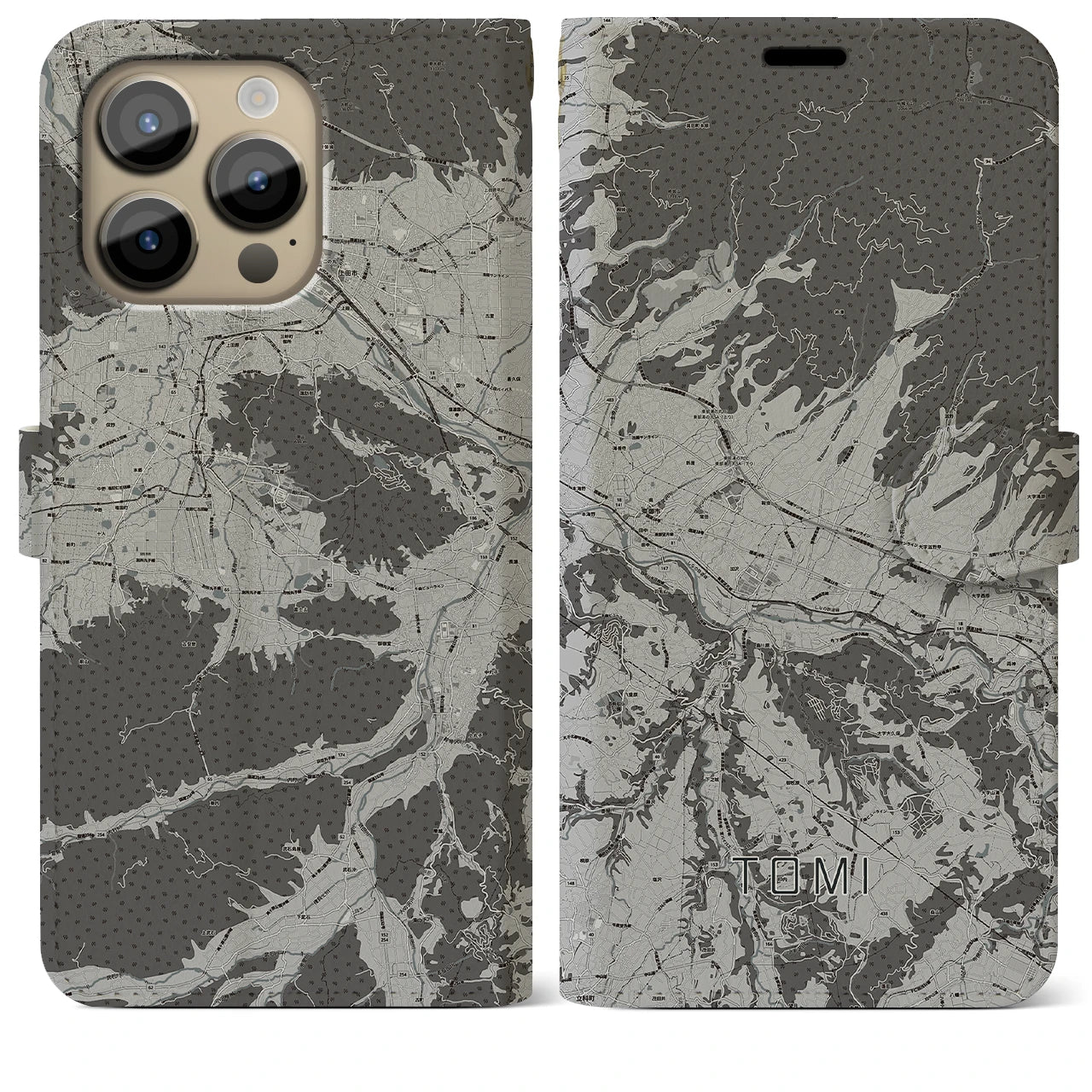 【東御(長野県)】地図柄iPhoneケース(手帳タイプ)モノトーン・iPhone 14 Pro Max 用