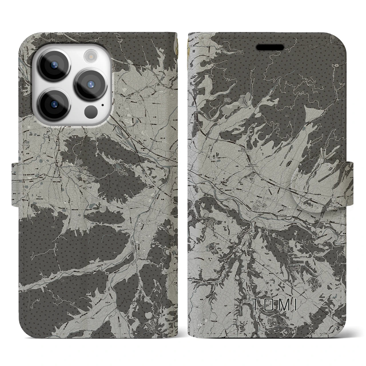 【東御(長野県)】地図柄iPhoneケース(手帳タイプ)モノトーン・iPhone 14 Pro 用