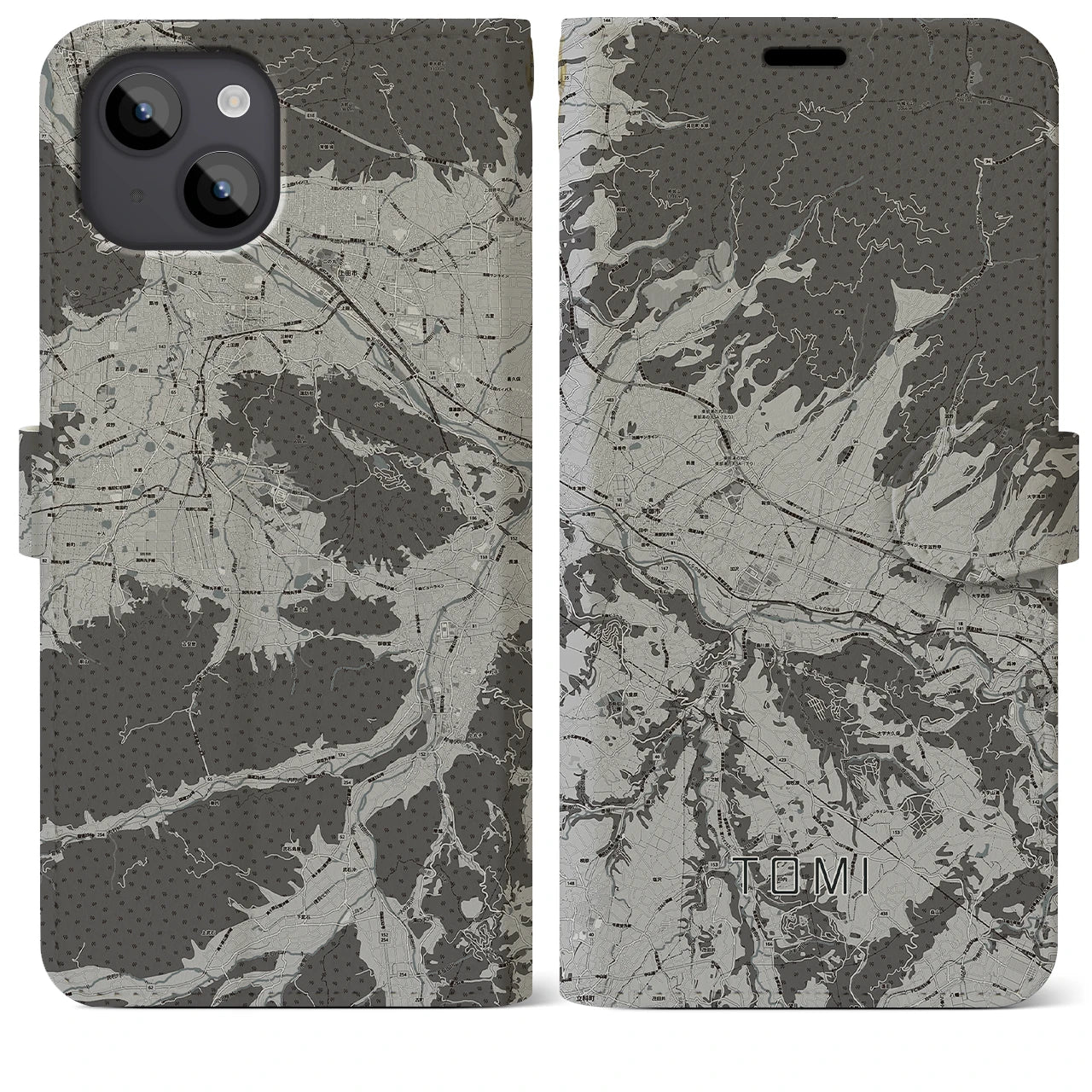 【東御(長野県)】地図柄iPhoneケース(手帳タイプ)モノトーン・iPhone 14 Plus 用