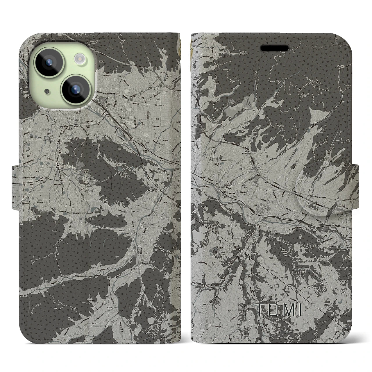 【東御(長野県)】地図柄iPhoneケース(手帳タイプ)モノトーン・iPhone 15 用