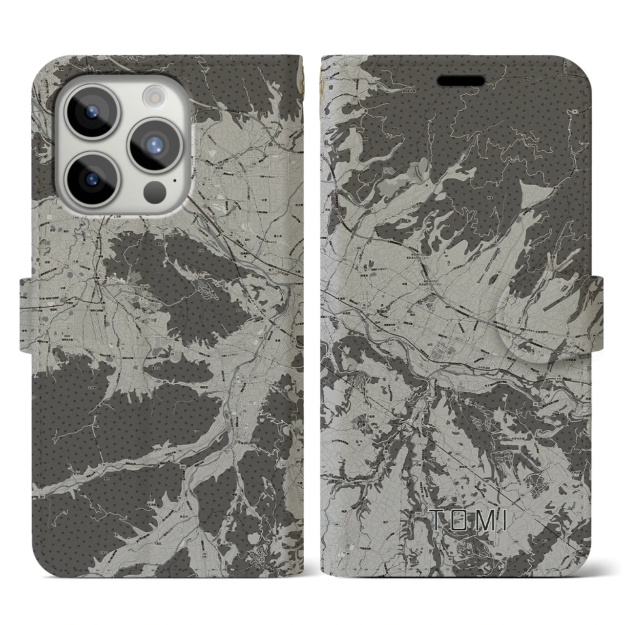 【東御(長野県)】地図柄iPhoneケース(手帳タイプ)モノトーン・iPhone 15 Pro 用