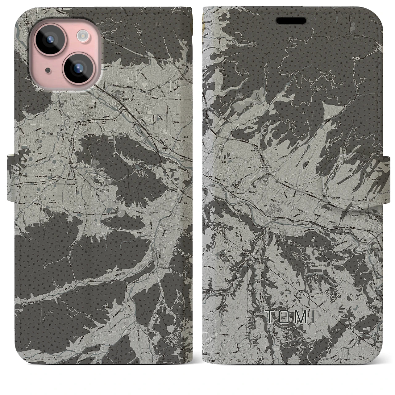 【東御(長野県)】地図柄iPhoneケース(手帳タイプ)モノトーン・iPhone 15 Plus 用