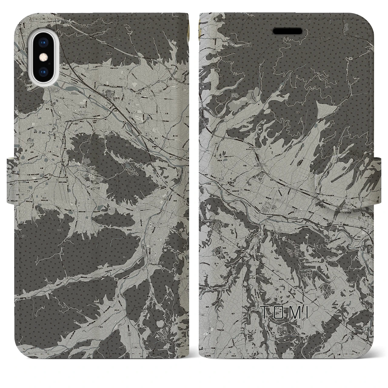 【東御(長野県)】地図柄iPhoneケース(手帳タイプ)モノトーン・iPhone XS Max 用