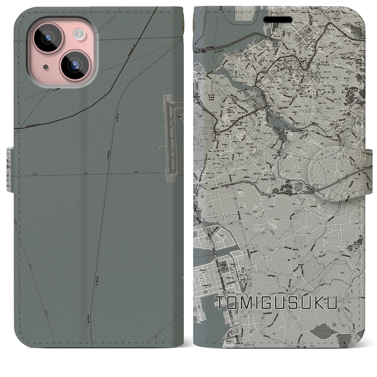 【豊見城(沖縄県)】地図柄iPhoneケース(手帳タイプ)モノトーン・iPhone 15 Plus 用