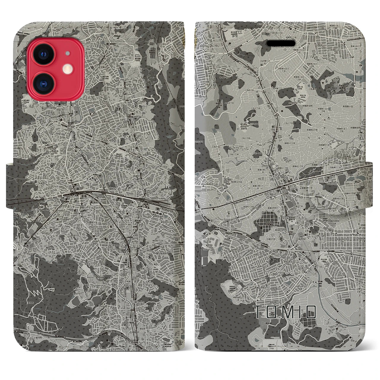 【富雄(奈良県)】地図柄iPhoneケース(手帳タイプ)モノトーン・iPhone 11 用